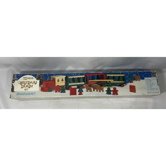 🚂VTG 94' WOODEN CHRISTMAS TRAIN SET COMPLETE 25 PCS HAND CRAFTED & HAND PAINTED - Picture 2 of 7